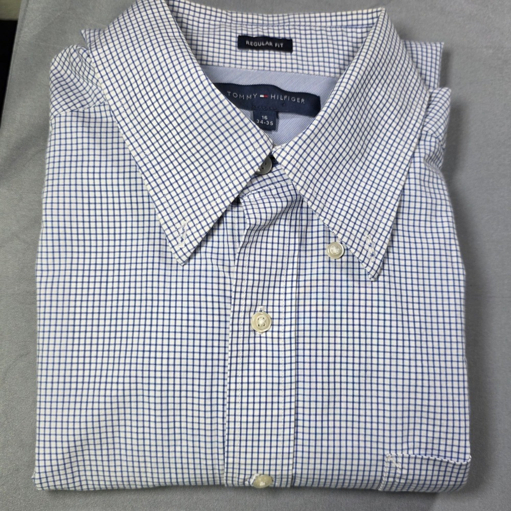 Tommy Hilfiger Mens Regular Fit Blue White Check Button Down Shirt 16 34-35 (L)